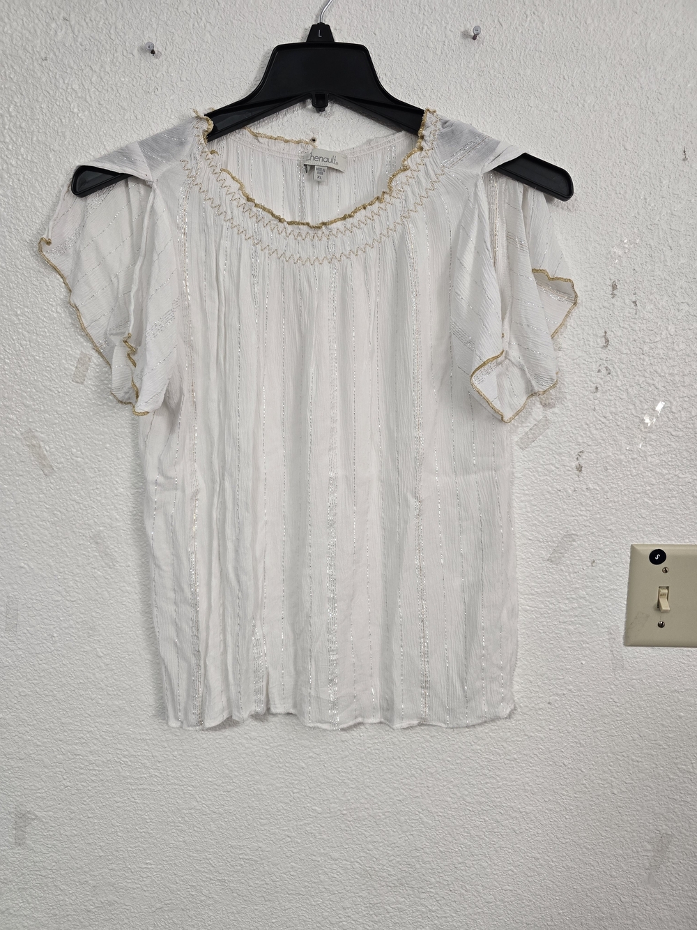 Chenault White Flutter Sleeve Top with Gold Trim
